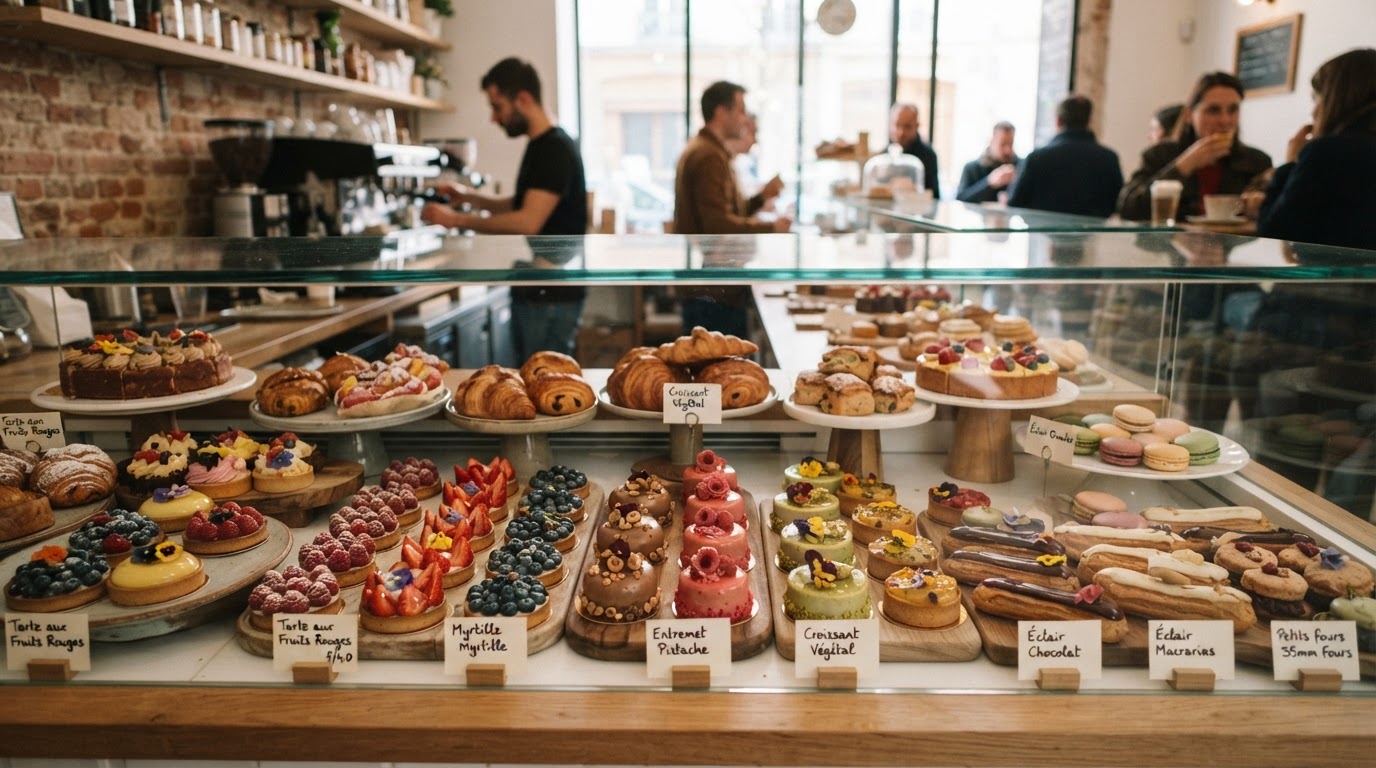 Vitrine d'une pâtisserie française colorée avec diverses douceurs.
