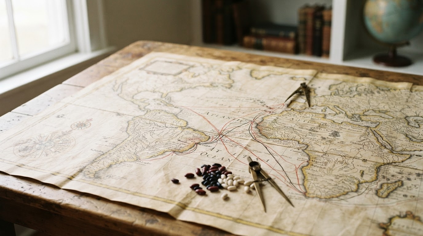 Mapas antigos ilustram as rotas comerciais que facilitaram a difusão de alimentos como o feijão.