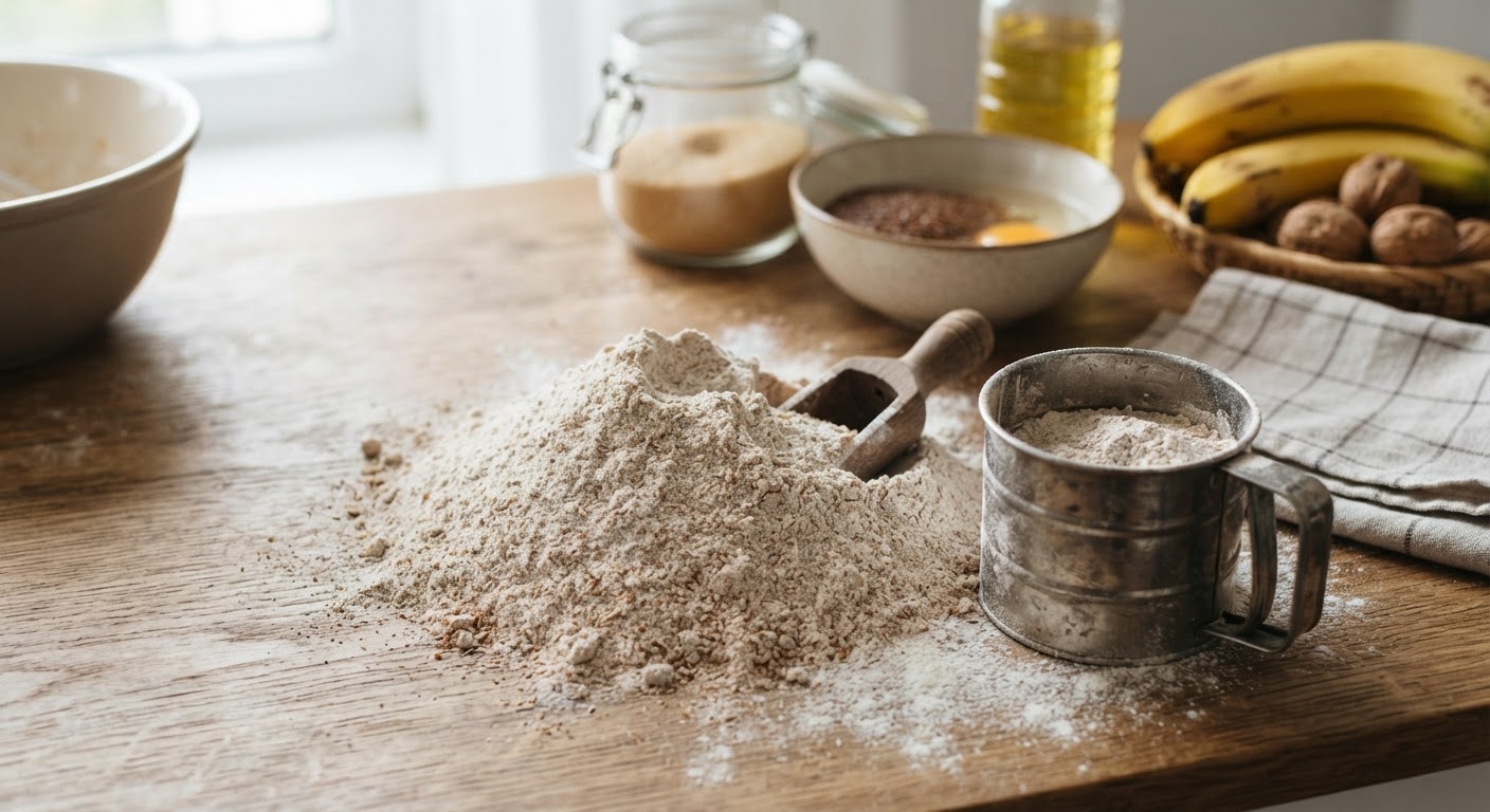 Les farines complètes sont une excellente base pour des pâtisseries végétales nourrissantes.