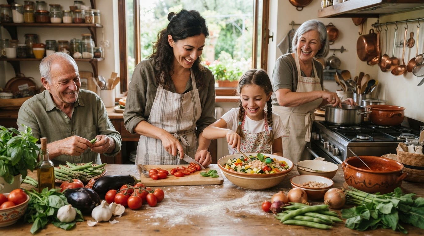 Famiglia italiana che cucina insieme verdure fresche sul tavolo di legno
