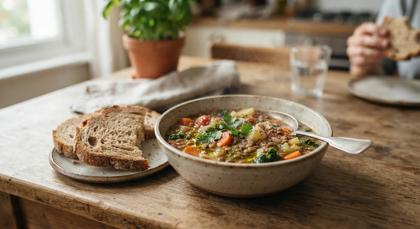 Una ricca zuppa di lenticchie, un classico della cucina italiana, perfetta per un pasto vegano nutriente.
