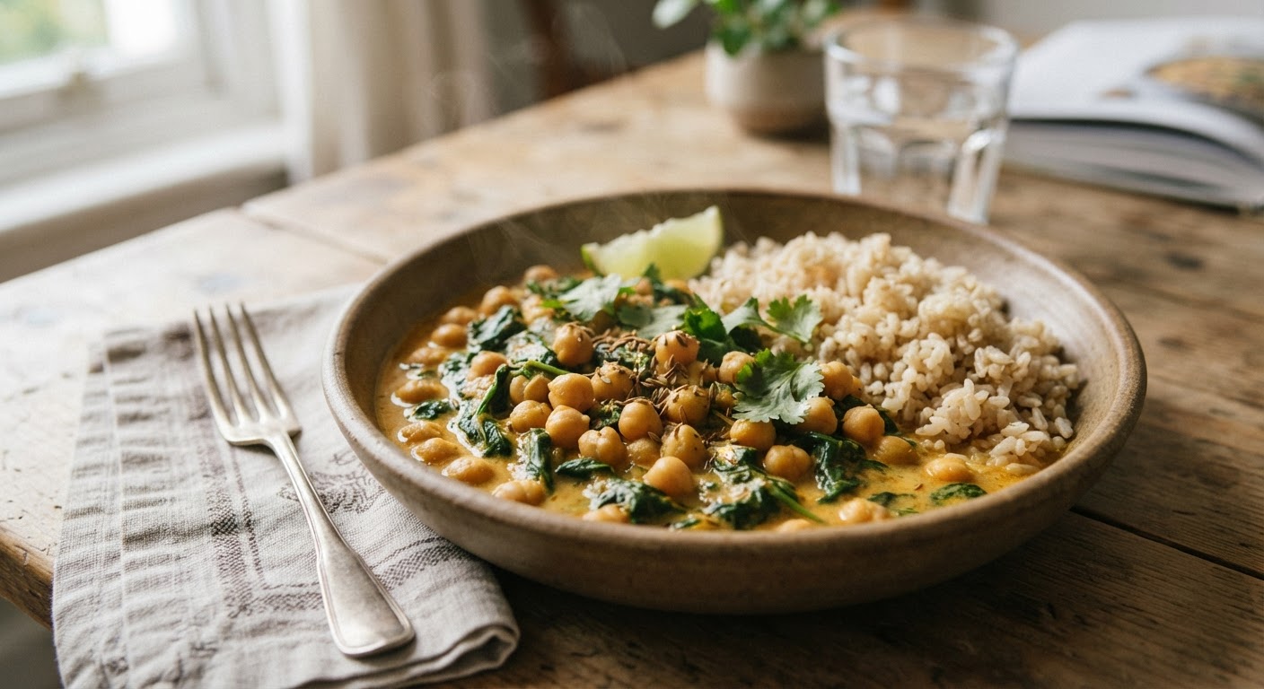 Ein cremiges Kichererbsen-Curry mit Spinat, serviert mit Vollkornreis.