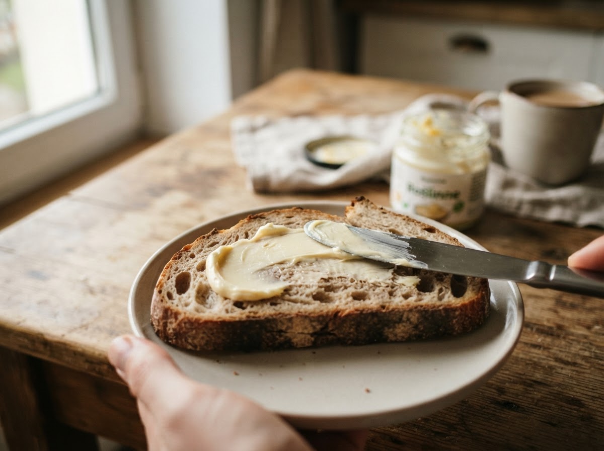 Roślinne masło na świeżym chlebie, jako przykład łatwej zamiany.