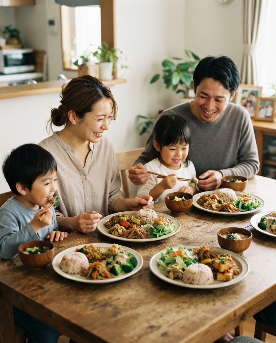 日本の家族がダイニングテーブルで食事をしている様子