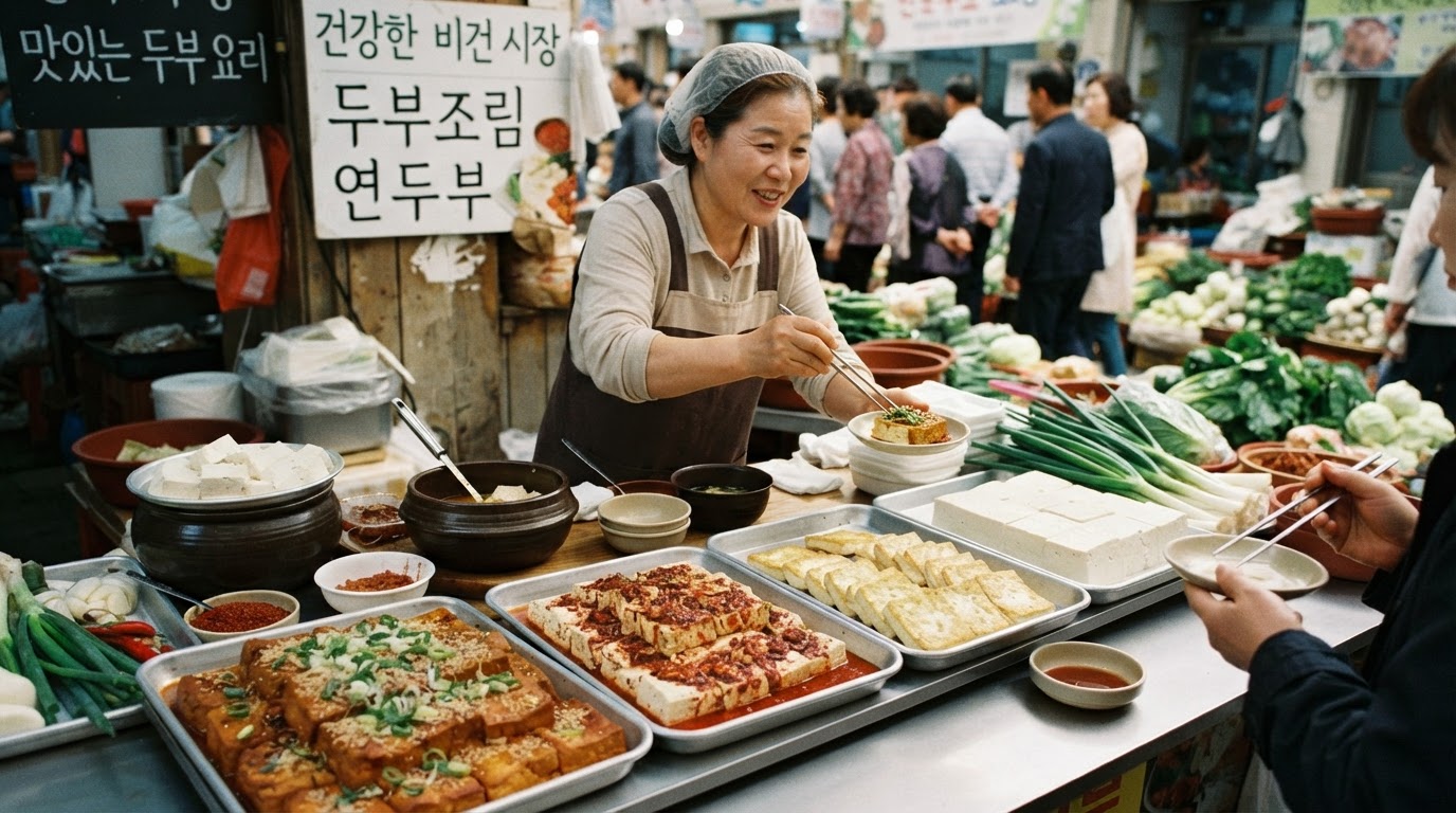 한국 시장에서 판매되는 신선한 두부 요리들