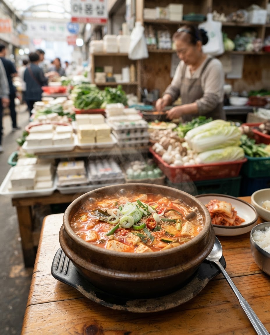 신선한 재료로 끓인 한국식 순두부찌개