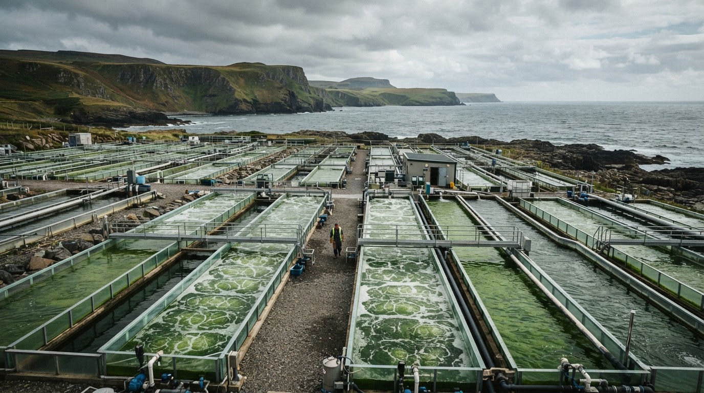 Rows of industrial tanks on a UK coastline, some filled with green algae cultures, under a cloudy sky.