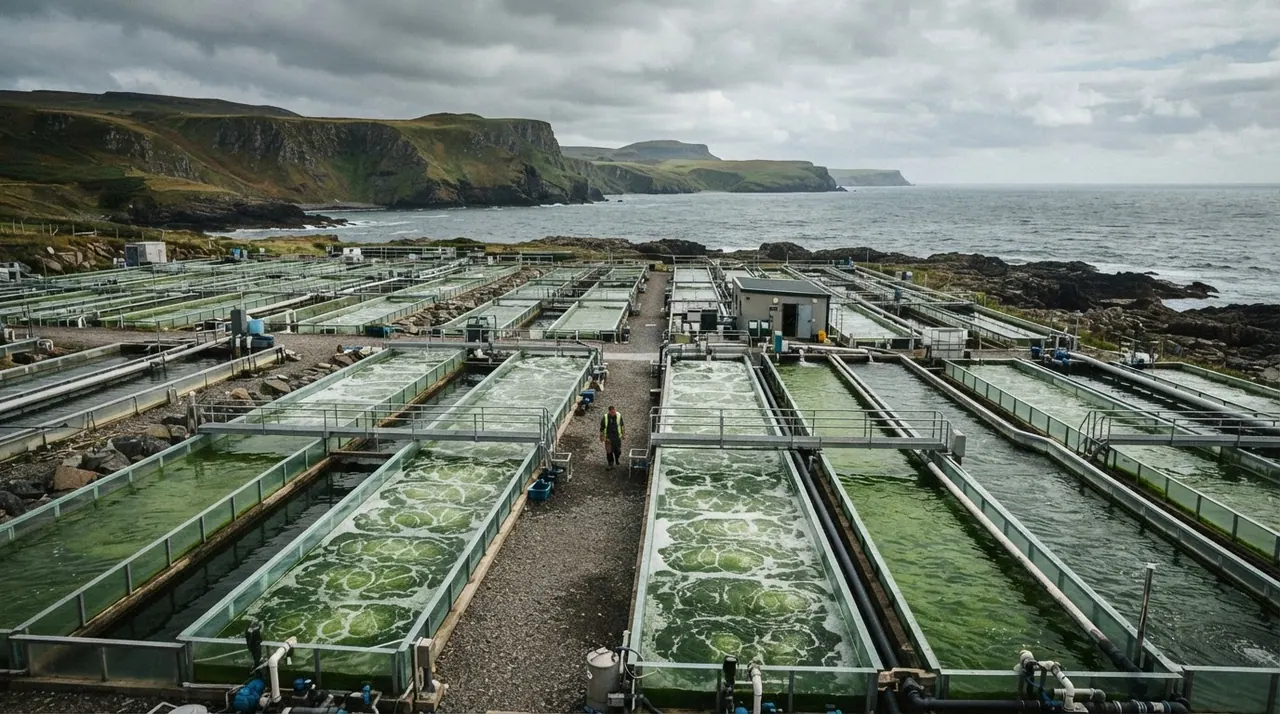 Rows of industrial tanks on a UK coastline, some filled with green algae cultures, under a cloudy sky.