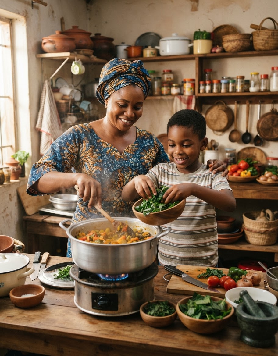 Ìyá kan àti ọmọ rẹ̀ tó ń sèéṣẹ́ jọ nínú ilé ìdáná Yorùbá