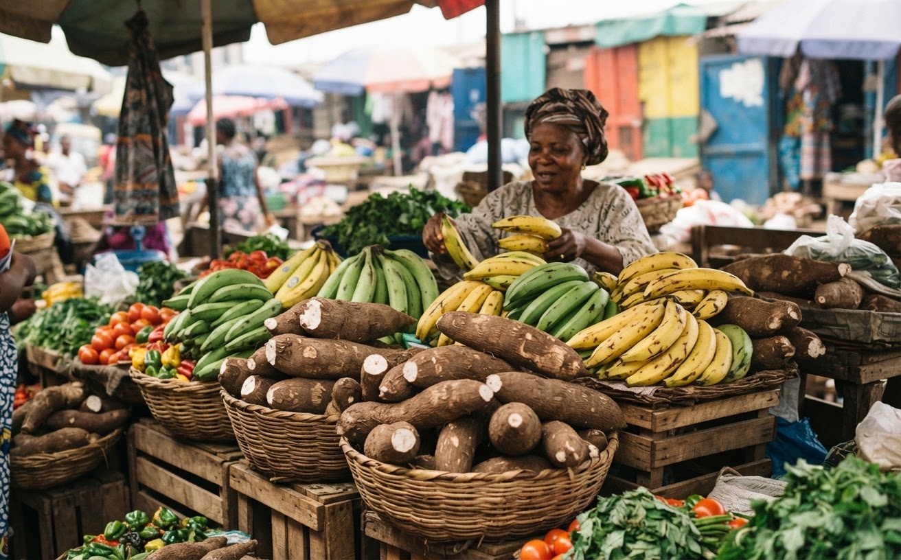 Àwọn èso àti ewébẹ̀ tí wọ́n lè jẹ láìsí ẹran ní ọjà Yorùbá.