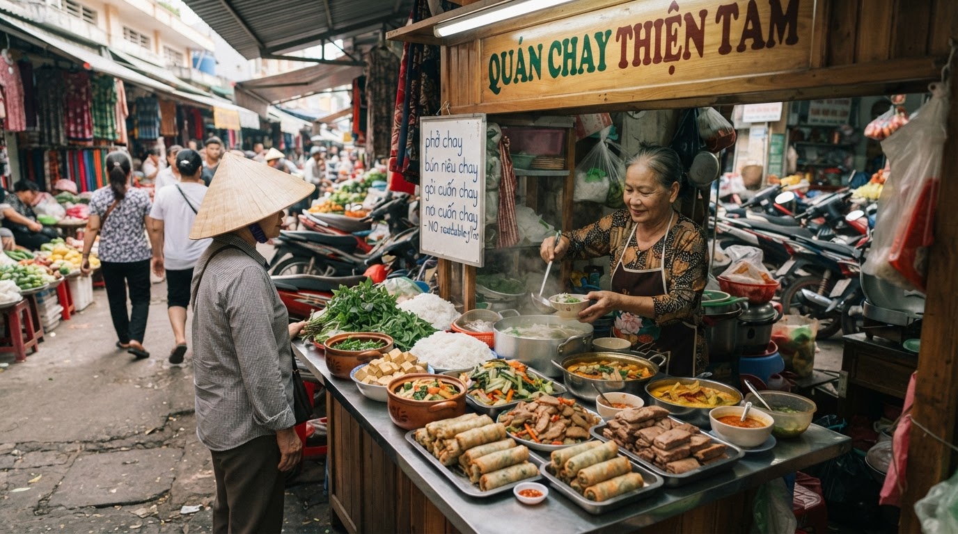 Gian hàng ẩm thực chay tại chợ truyền thống Việt Nam
