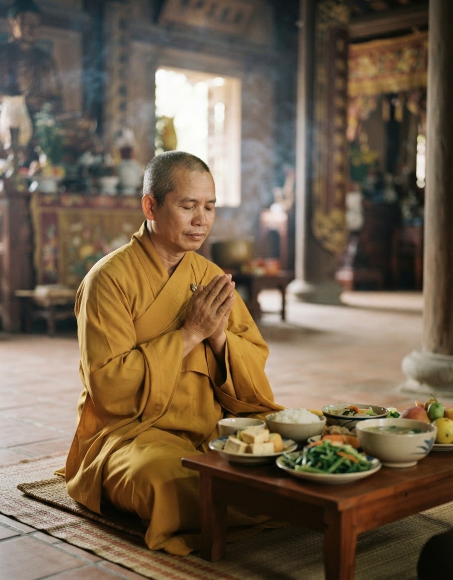 Bữa ăn chay trong không gian tâm linh tại một ngôi chùa Việt Nam.