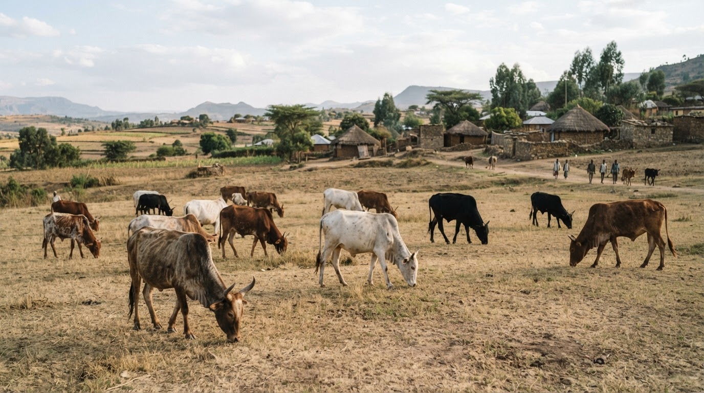 በኢትዮጵያ መንደር አቅራቢያ የሚሰማራ የኢትዮጵያ ከብቶች