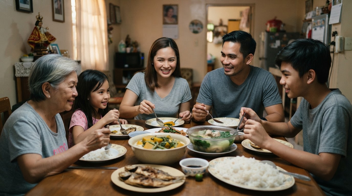 Isang pamilyang Pilipino na naghahapunan kasama ang kanilang mga putahe.