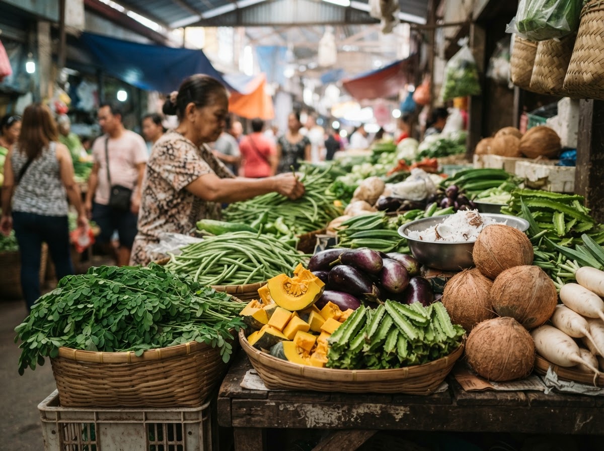 Sariwang mga gulay at niyog, pangunahing sangkap ng masustansyang Ginataang Gulay.