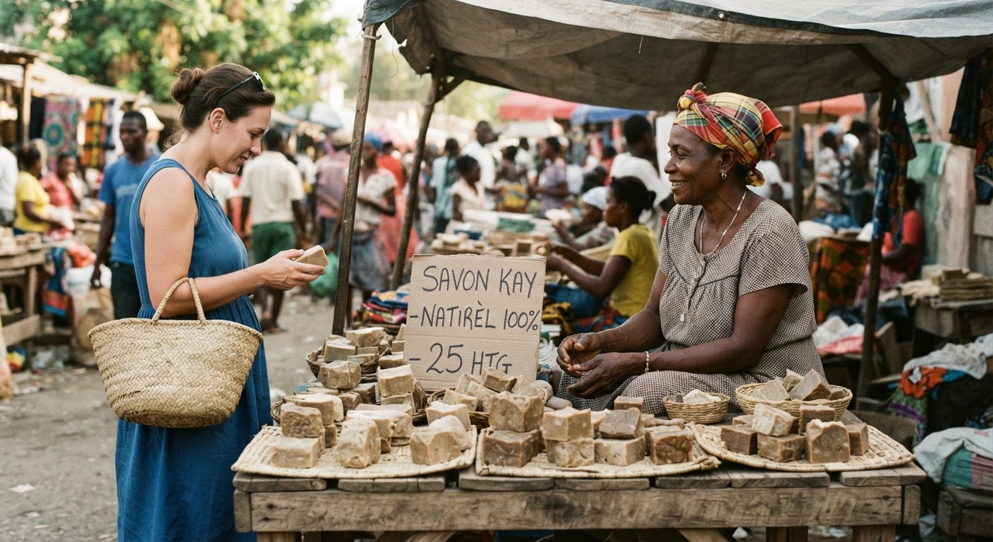 Yon machann k ap vann savon kay nan yon mache lokal ann Ayiti, yon egzanp sou enèji kominotè.