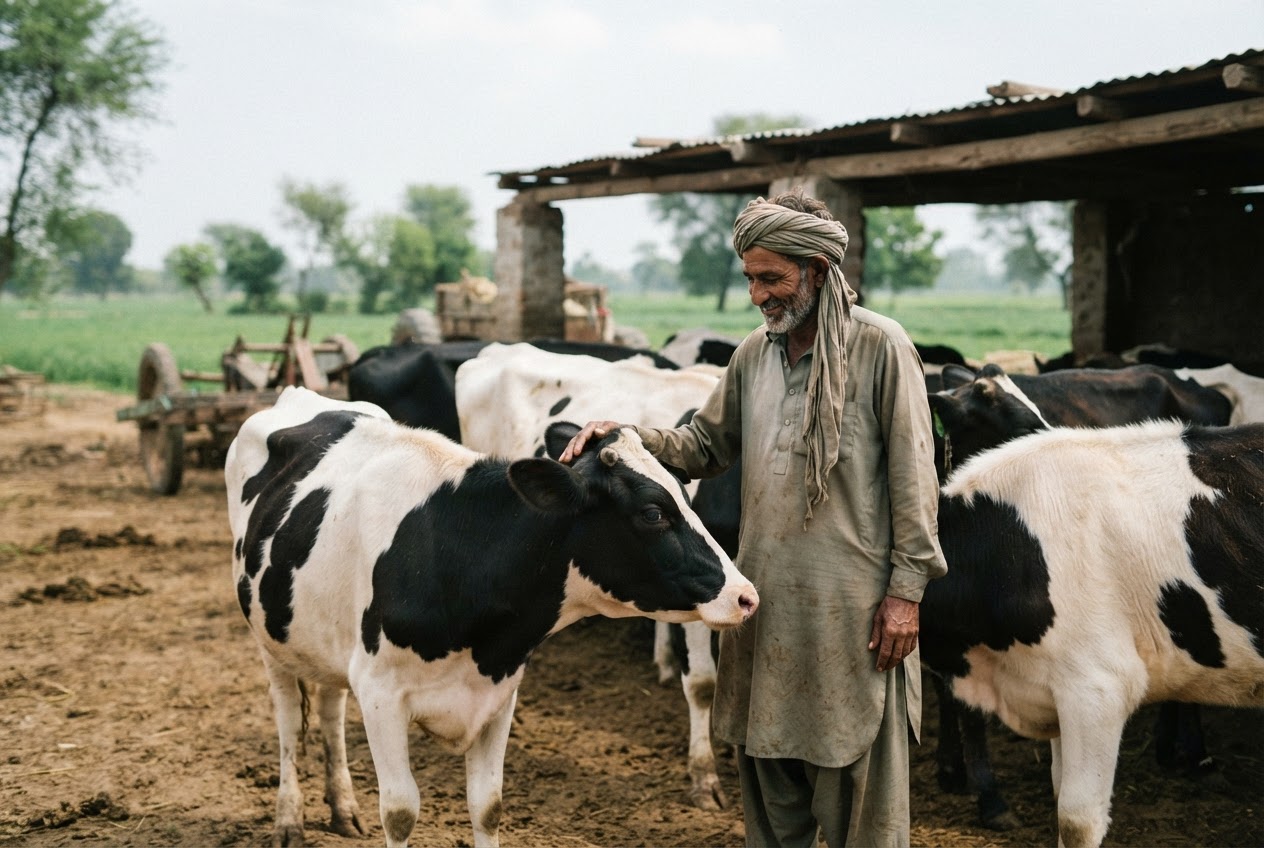 پاکستان میں ایک کسان اپنے مویشیوں کے ساتھ۔