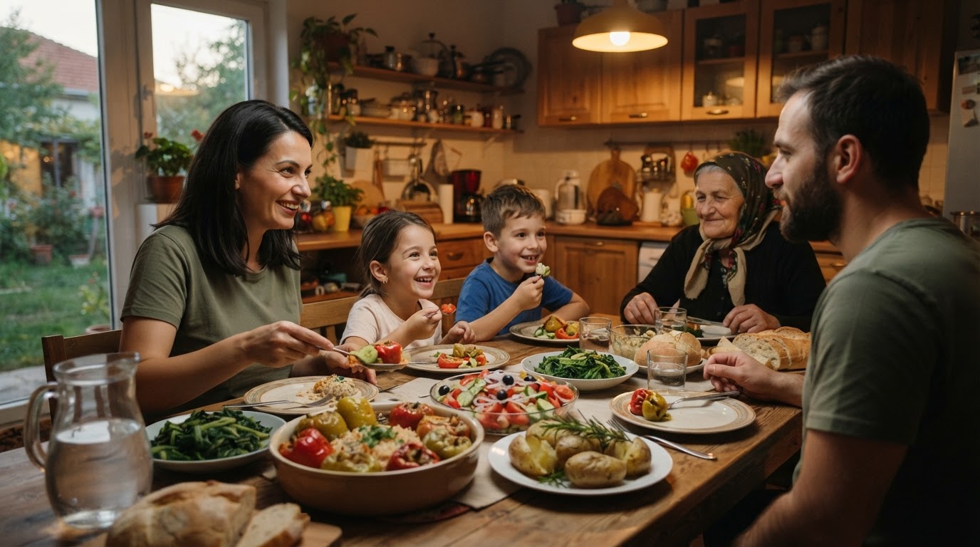 Familje shqiptare duke darkuar me perime të freskëta në shtëpi