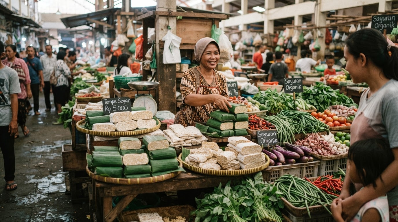 Stan pasar tradisional Indonesia yang menjual tempe dan sayuran segar.