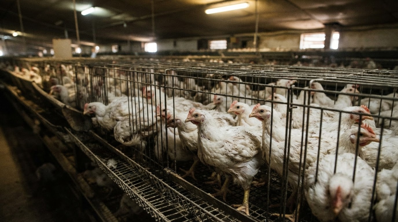 Pollos en una granja industrial apiñados en jaulas.