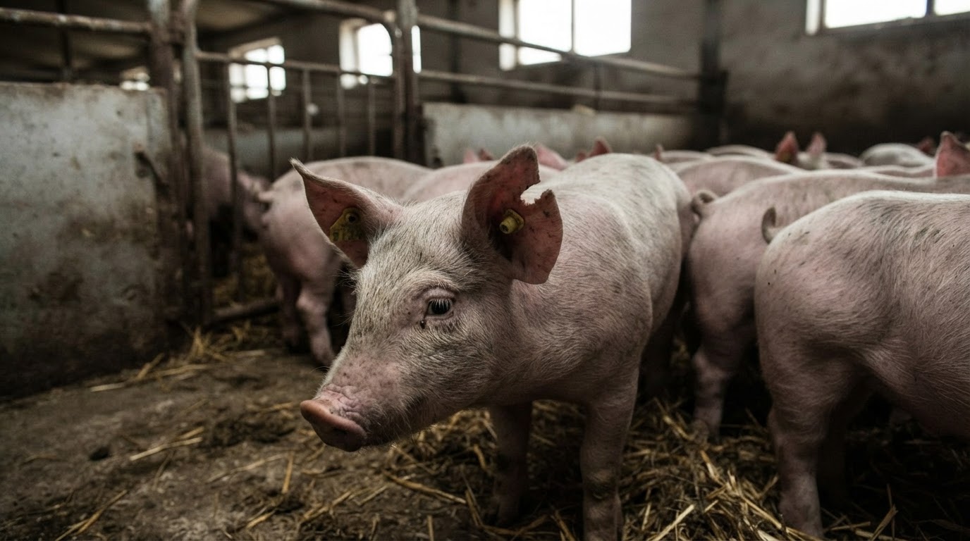 Un lechón con la oreja cortada, una práctica común en algunas granjas industriales para la identificación, pero que puede ser dolorosa.