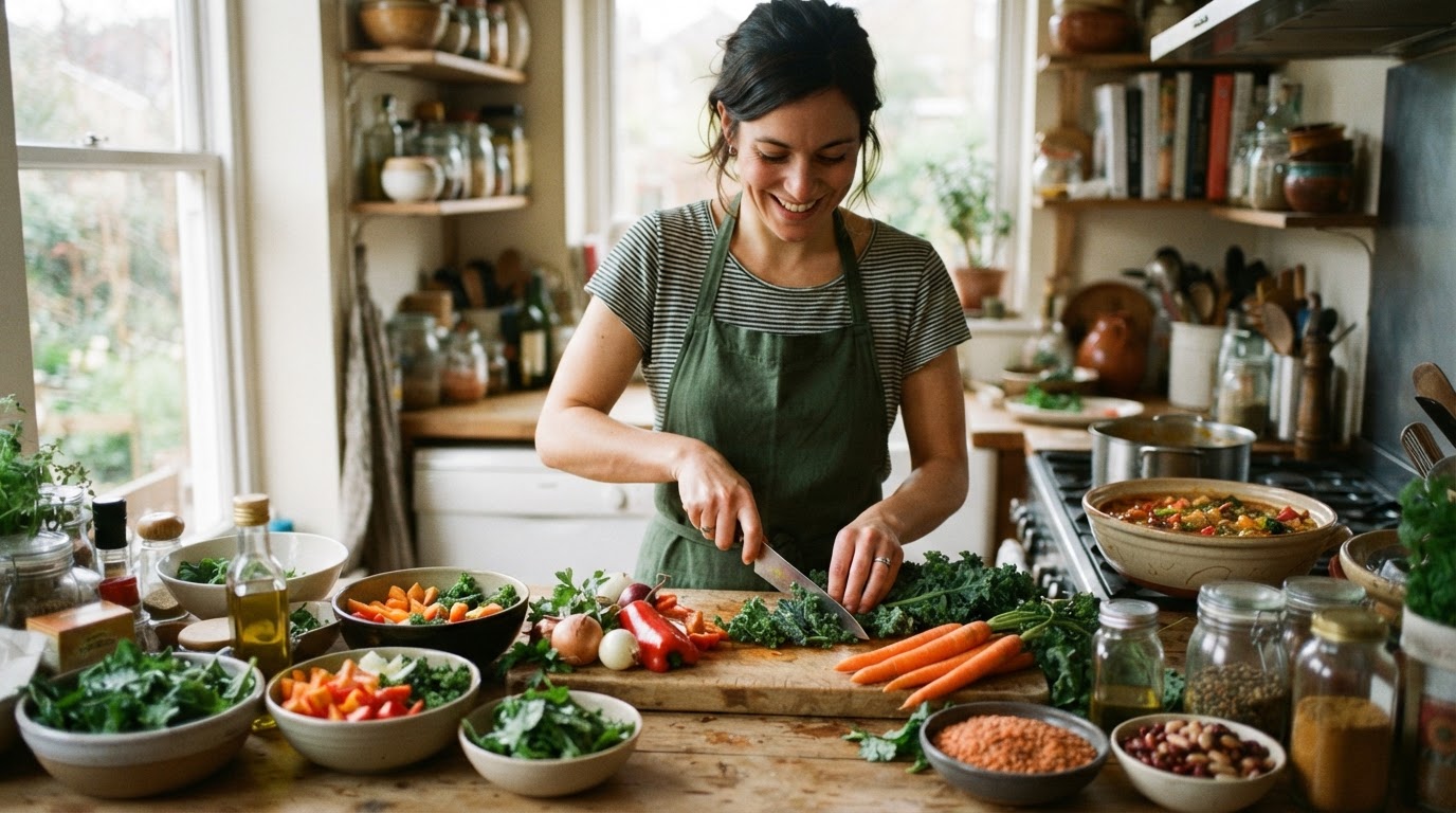 Mulher a preparar uma refeição vegetariana com vegetais regionais