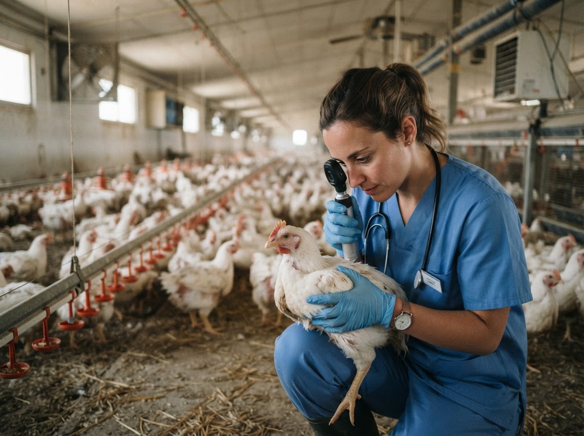 Un veterinario examina a un ave en una explotación avícola, destacando la intervención humana para mantener la salud en sistemas intensivos.