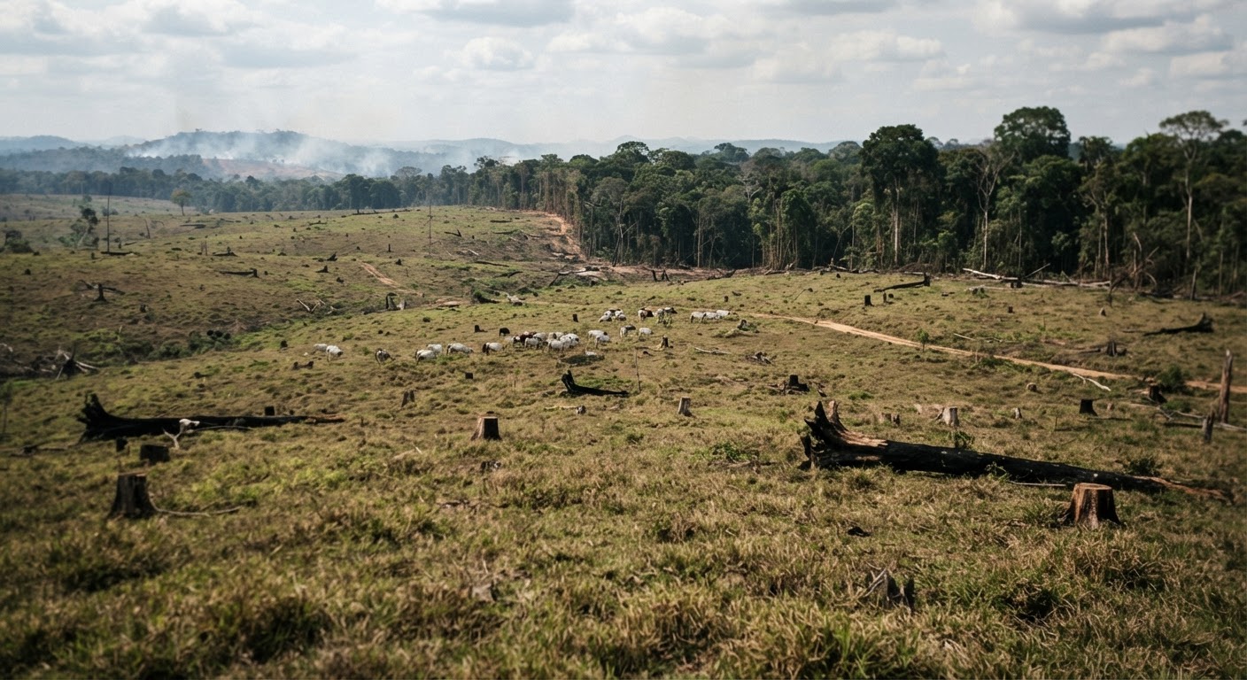 Desflorestação na Amazónia para pastagens de gado, um dos principais impulsionadores da perda de biodiversidade.