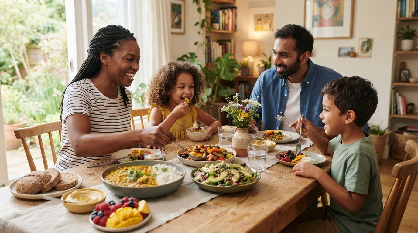 Une famille partageant un repas végétal coloré et diversifié à table.