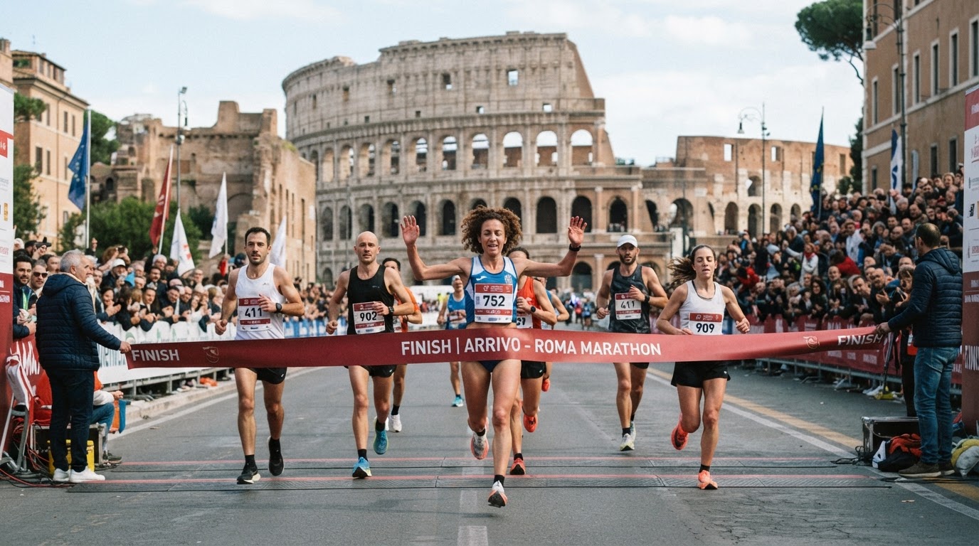 Atleti che tagliano il traguardo della Maratona di Roma con il Colosseo sullo sfondo.