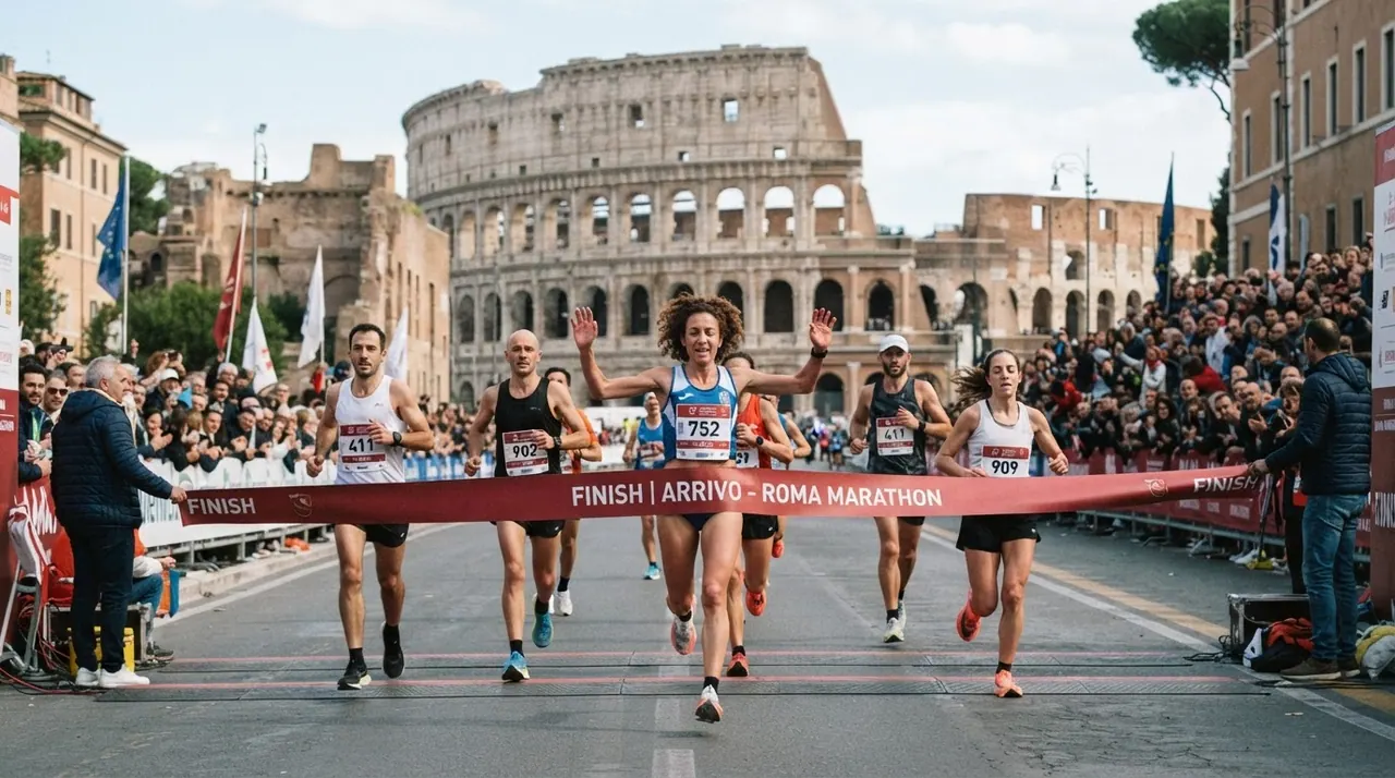 Atleti che tagliano il traguardo della Maratona di Roma con il Colosseo sullo sfondo.