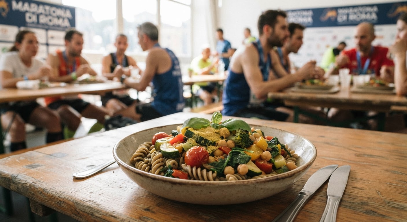 Un piatto bilanciato di pasta di lenticchie con verdure miste, ideale per il recupero muscolare.
