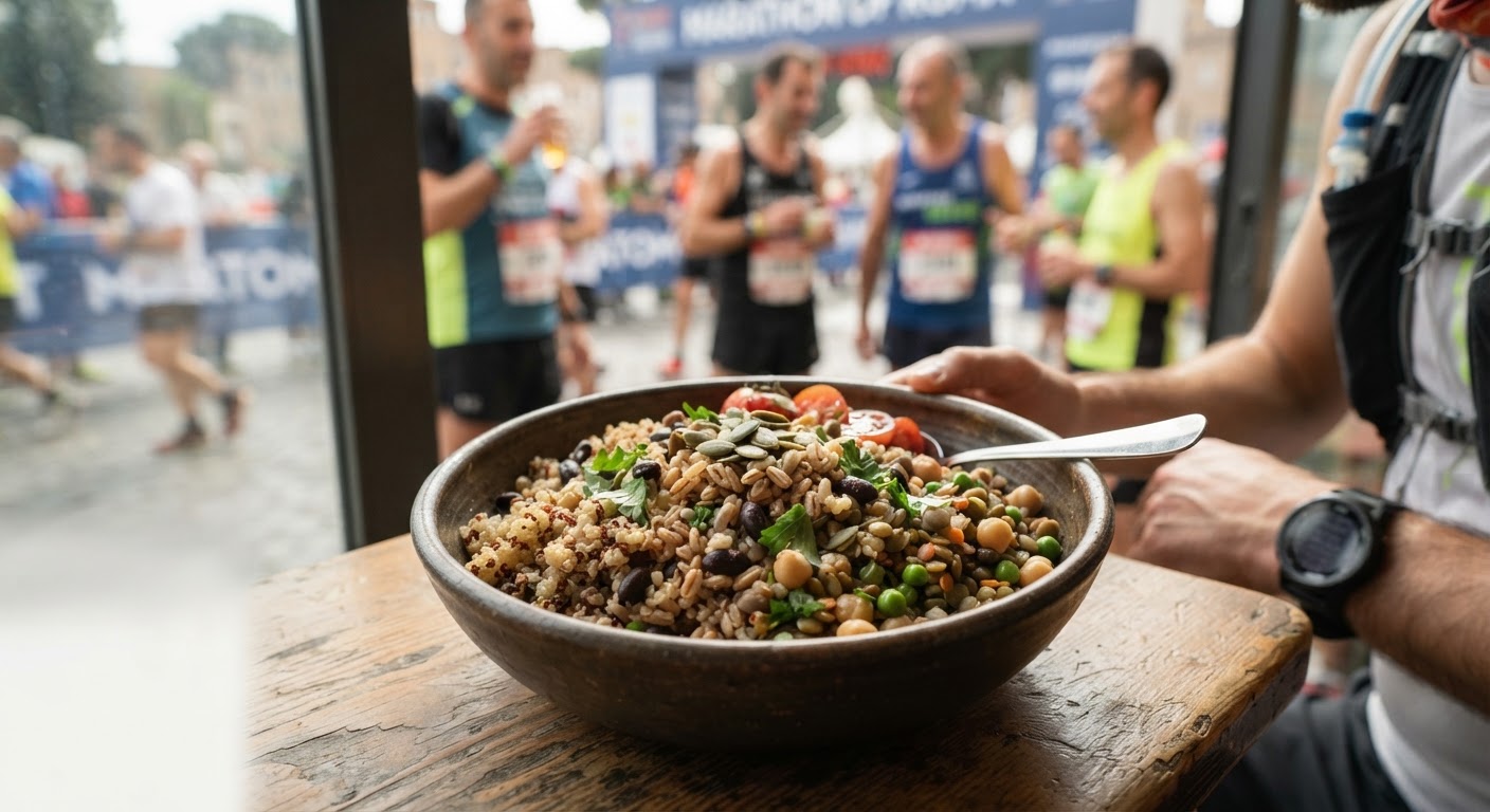 Una ciotola ricca di legumi misti e cereali integrali, fonte di energia e proteine per gli atleti.