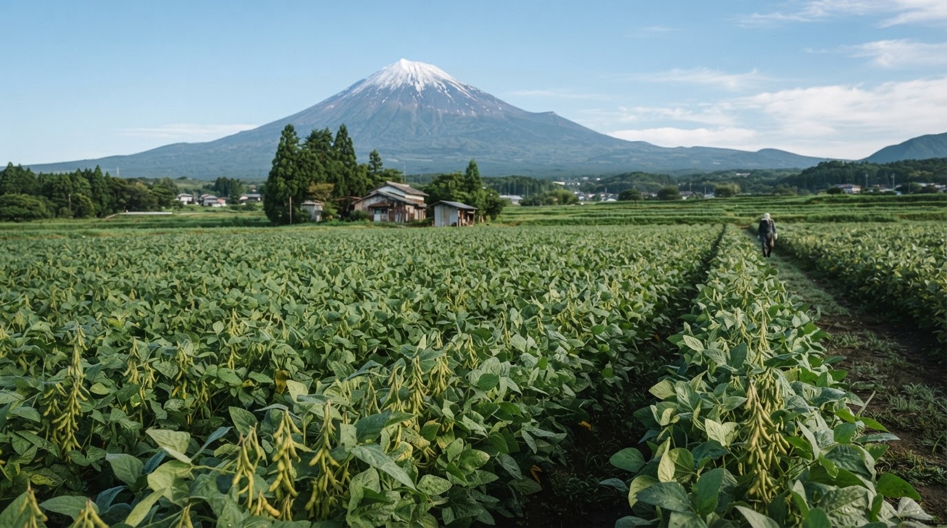 富士山を背景にした大豆畑