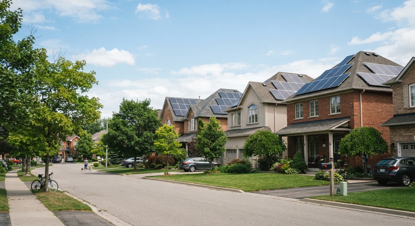 Suburban houses with solar panels installed on their roofs.