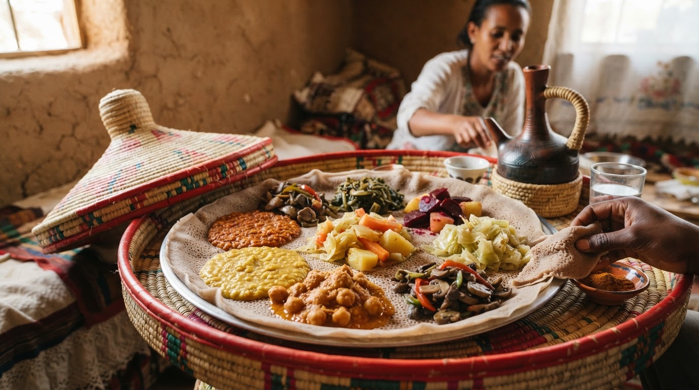 የተለያዩ የኢትዮጵያ ባህላዊ ምግቦች የተደረደሩበት ፎቶ