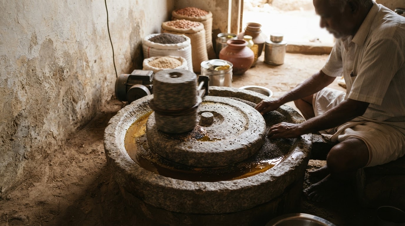 பாரம்பரிய இந்திய எண்ணெய் வித்துக்களை அரைக்கும் கல்.