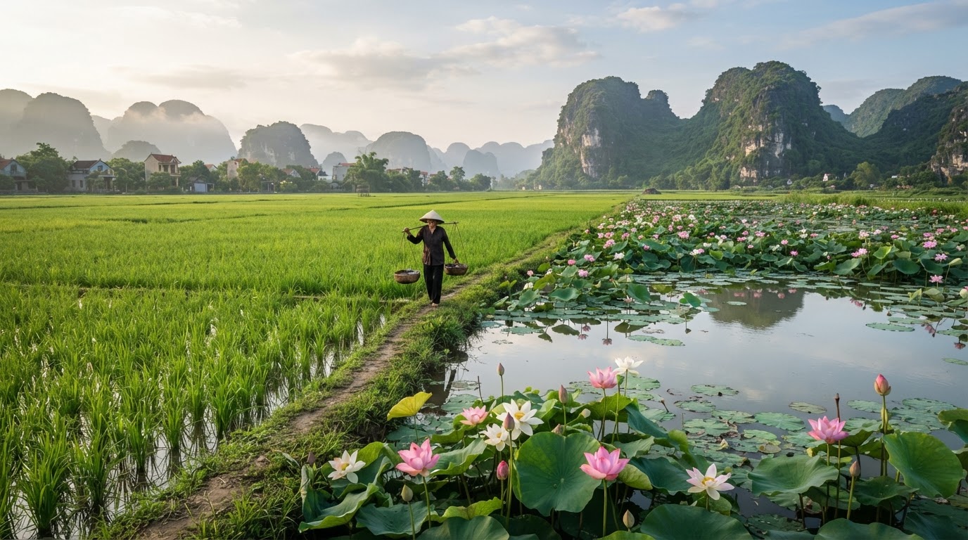 Cánh đồng lúa xanh mướt và ao sen thanh bình ở Việt Nam