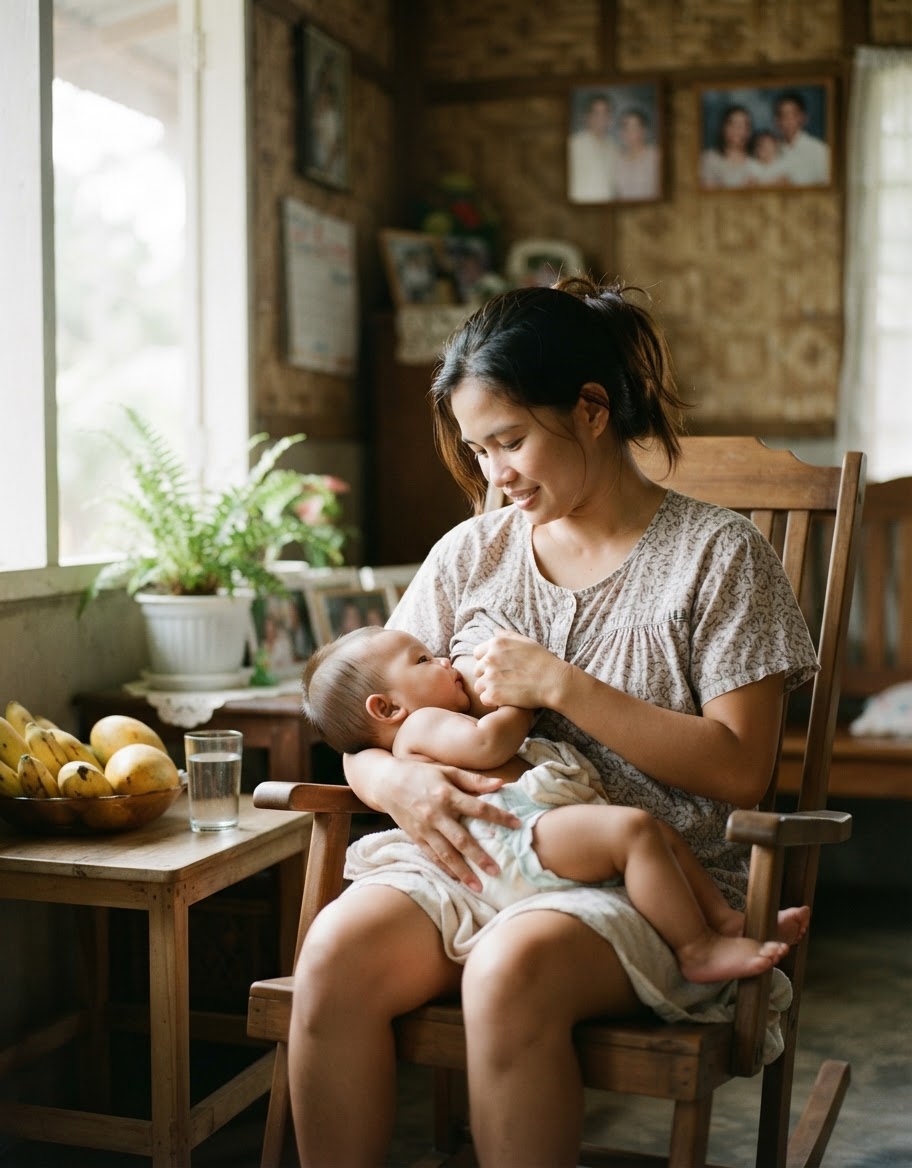 Isang ina na nagpapasuso sa kanyang sanggol sa isang tahimik na bahay sa Pilipinas, simbolo ng malusog na nutrisyon at pagmamahal.