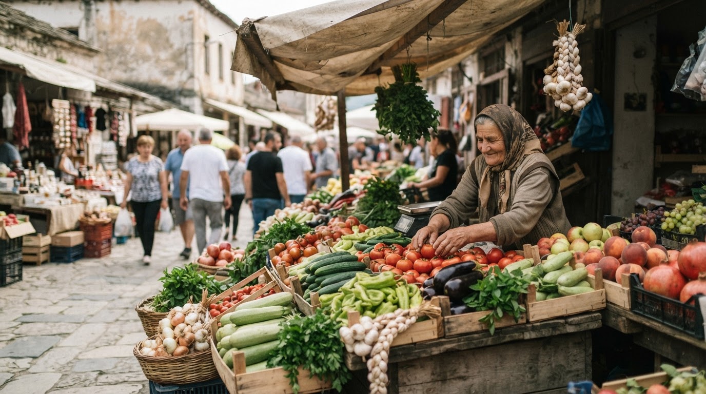 Treg tradicional shqiptar me perime dhe fruta të freskëta