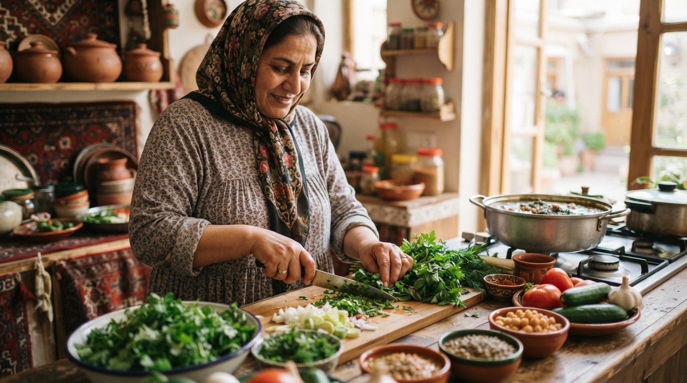 زنی ایرانی در حال آمادهسازی غذا با سبزیجات و گیاهان معطر