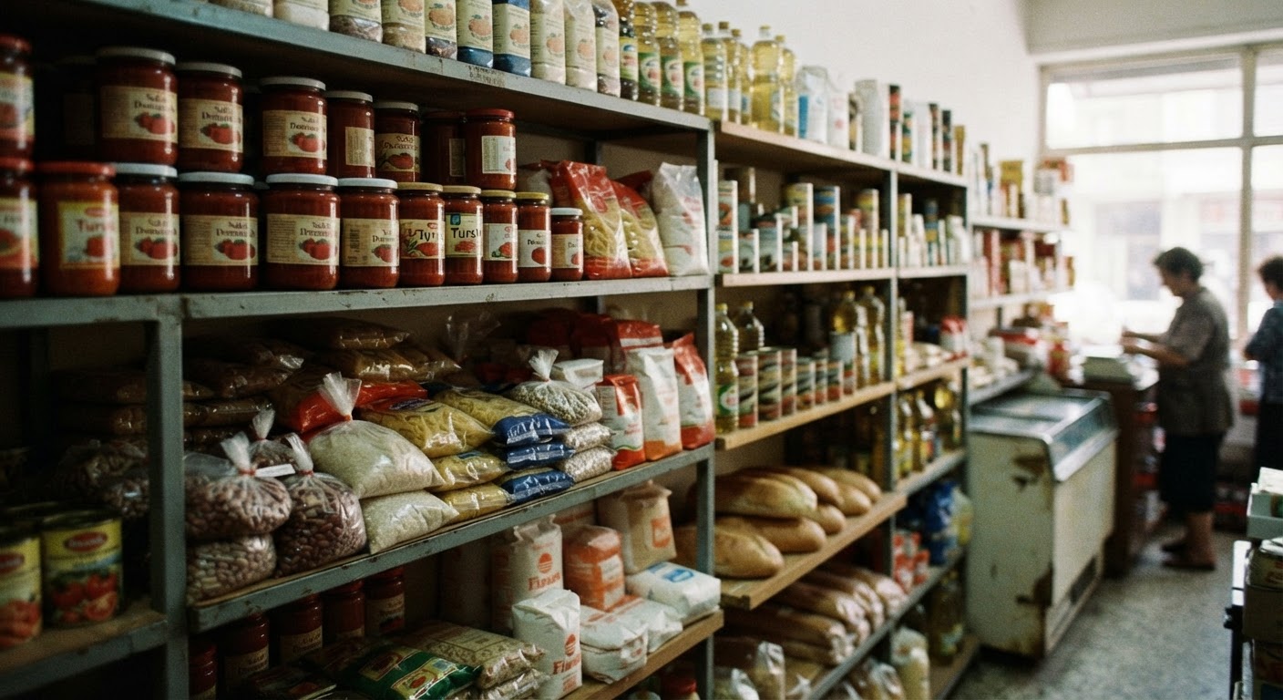 Një pamje e vitit 1998 nga raftet e një dyqani ushqimor në Tiranë, ku produktet bazë dominonin ofertën.