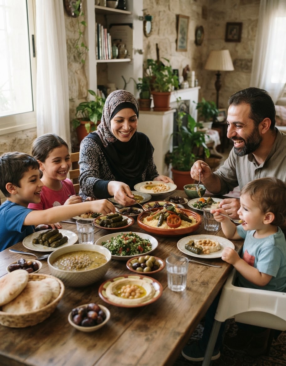 عائلة تتناول الطعام معًا حول مائدة في منزل عربي
