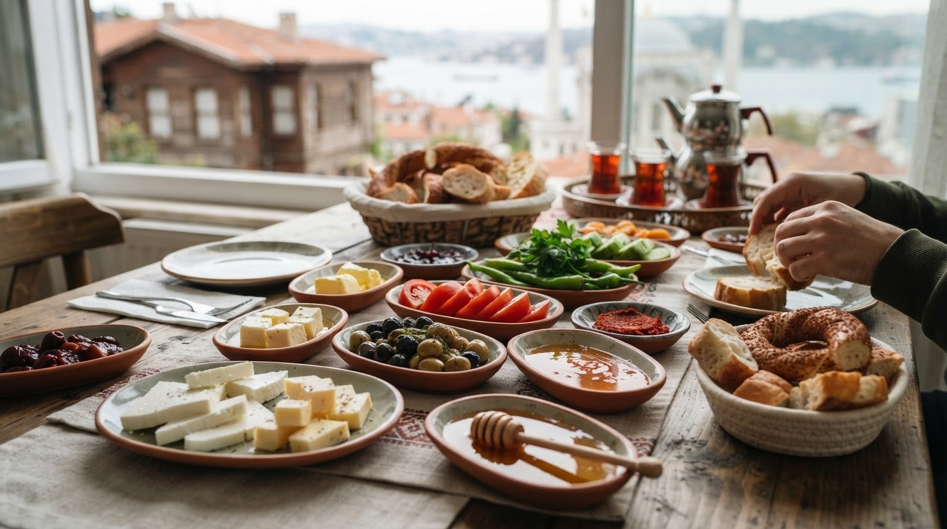 Geleneksel Türk kahvaltısı sofrası, peynirler, zeytinler, domatesler ve ekmekle dolu.