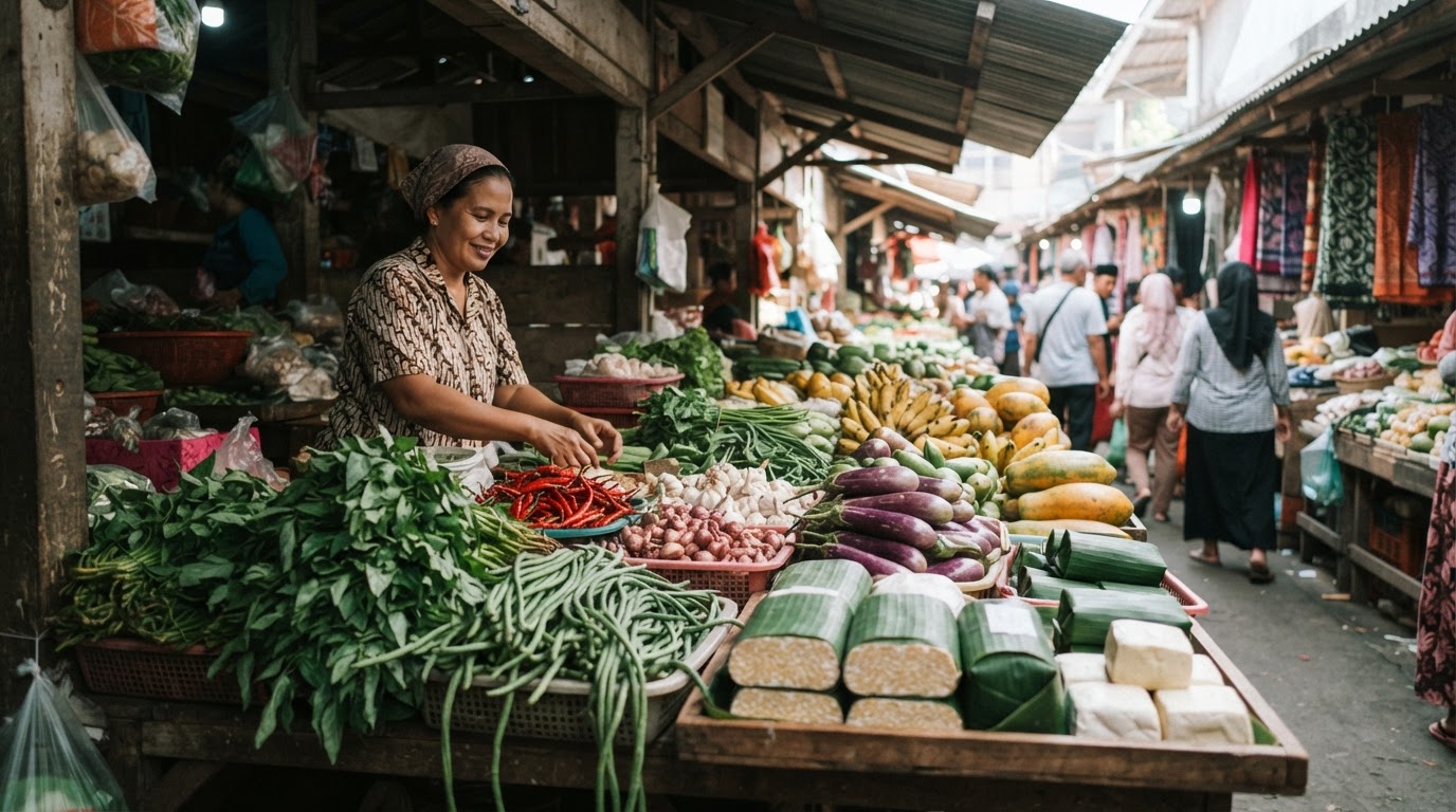 Pasar tradisional Indonesia yang menjual aneka sayuran segar dan tempe