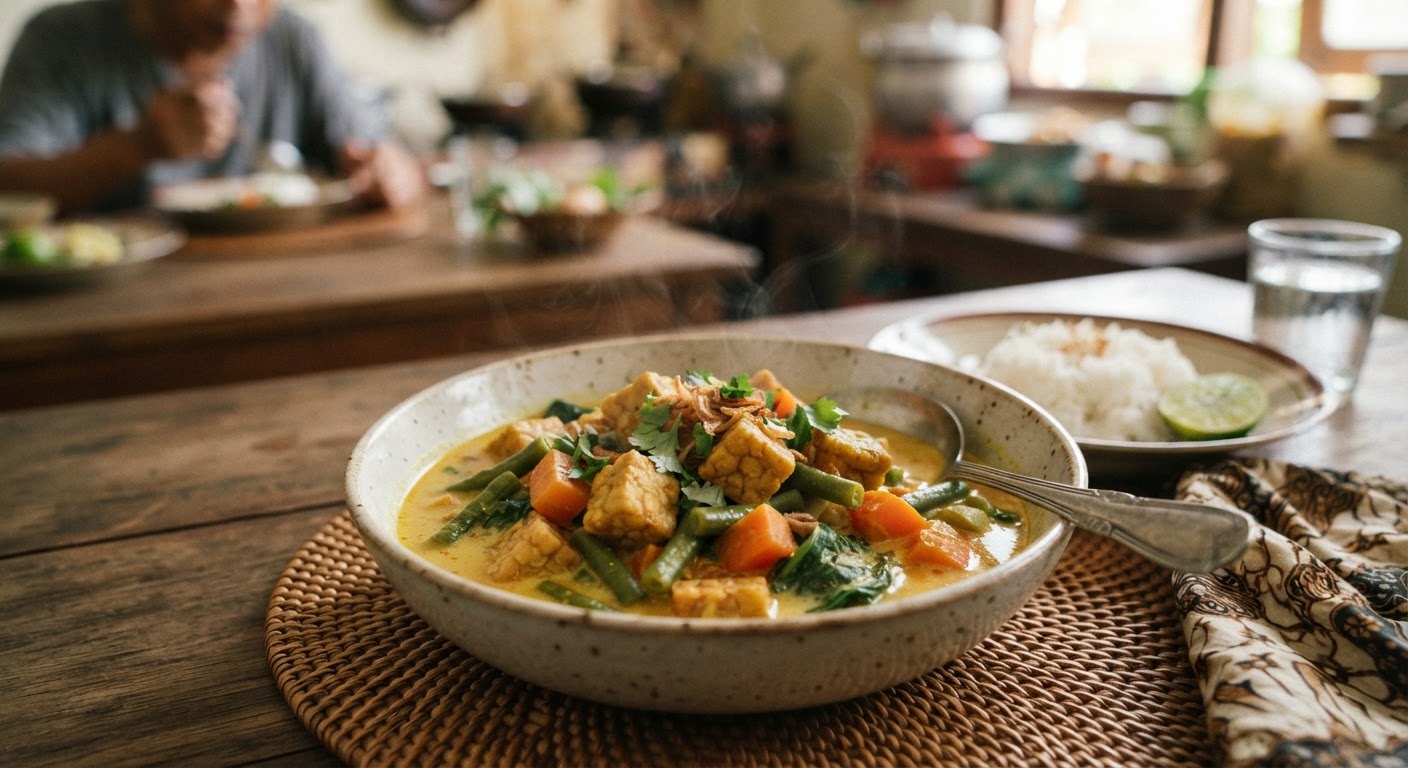 Gulai tempe dengan santan dan sayuran, contoh hidangan nabati Indonesia yang kaya rasa.