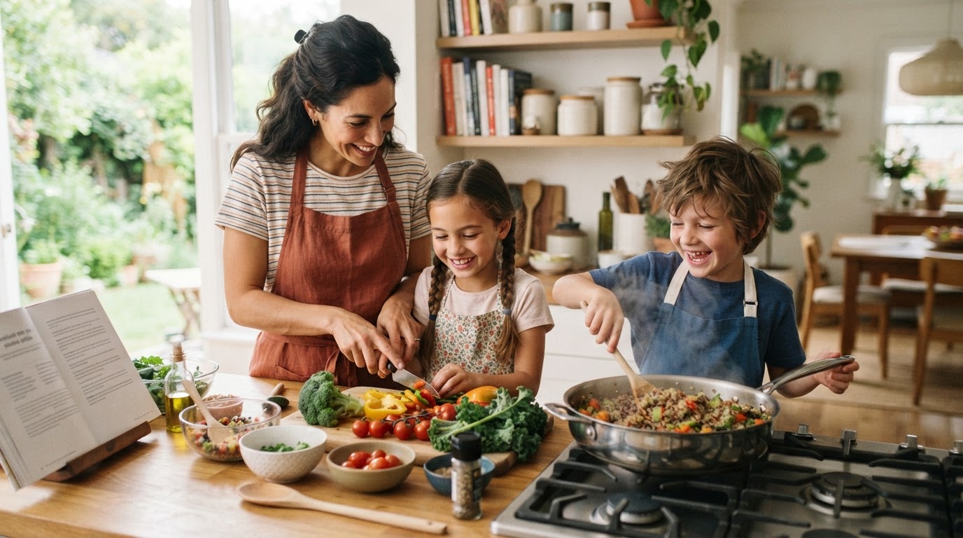 Familia cocinando junta una comida vegana saludable en una cocina luminosa