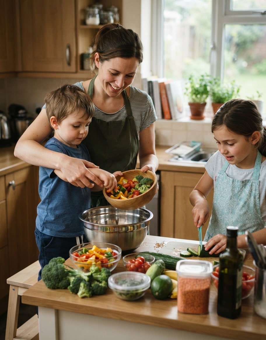 La participación de los niños en la cocina fomenta hábitos alimentarios saludables.