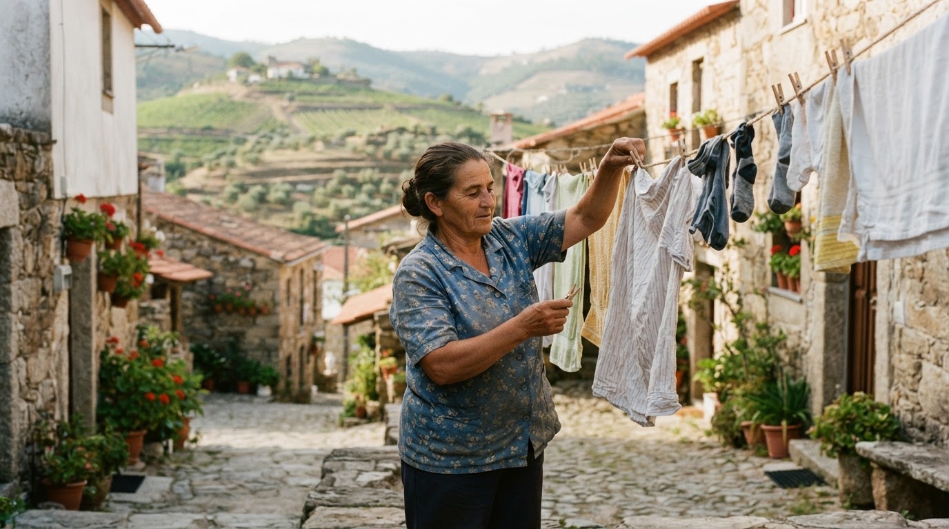 Mulher a pendurar roupa num estendal numa aldeia rural