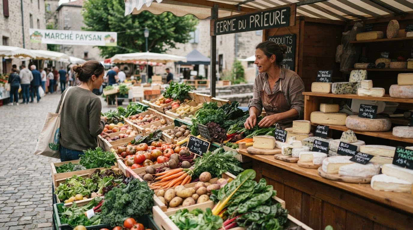 Un étal de marché fermier français proposant des légumes frais et du fromage.